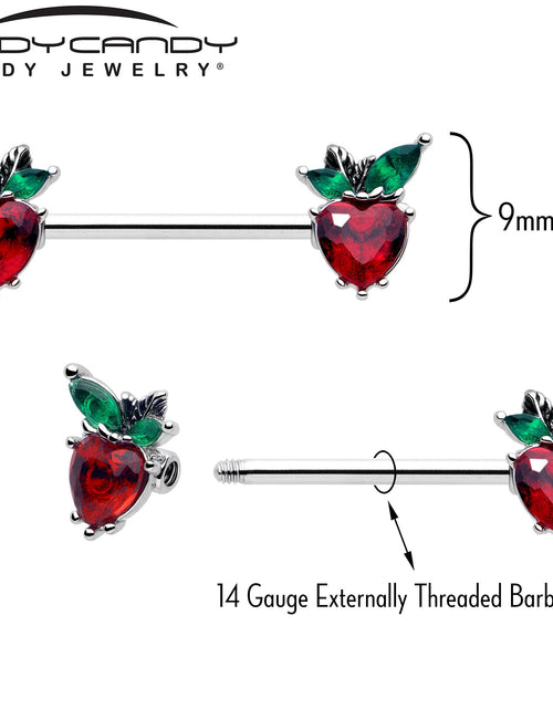 Load image into Gallery viewer, 14G 9/16 Red Green Gem Strawberry Heart Barbell Nipple Ring Set
