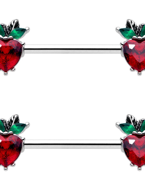 Load image into Gallery viewer, 14G 9/16 Red Green Gem Strawberry Heart Barbell Nipple Ring Set
