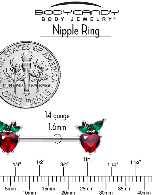 Load image into Gallery viewer, 14G 9/16 Red Green Gem Strawberry Heart Barbell Nipple Ring Set
