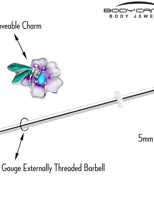 Load image into Gallery viewer, 14G Blue Gem Faerie Flower Purple Industrial Barbell 38mm
