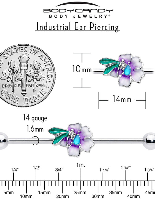 Load image into Gallery viewer, 14G Blue Gem Faerie Flower Purple Industrial Barbell 38mm
