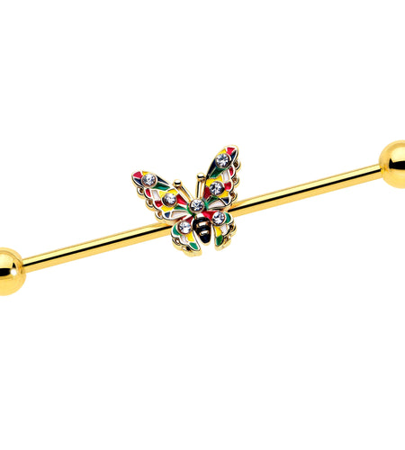 14G Clear Gem Gold Tone Color Block Butterfly Industrial Barbell 38mm