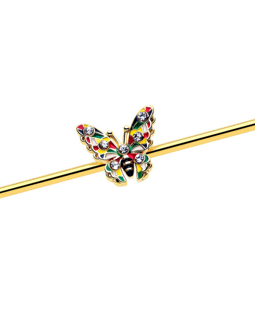 Load image into Gallery viewer, 14G Clear Gem Gold Tone Color Block Butterfly Industrial Barbell 38mm

