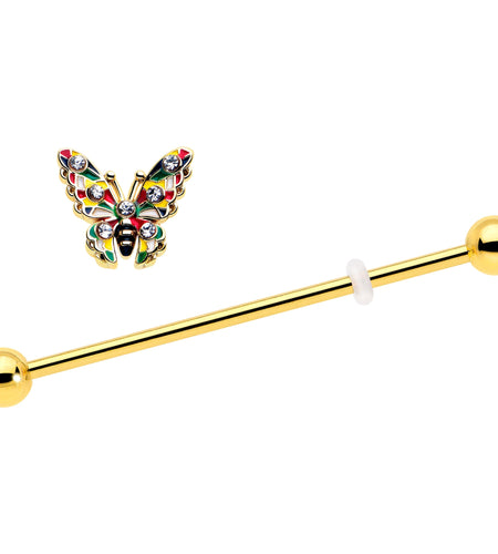 14G Clear Gem Gold Tone Color Block Butterfly Industrial Barbell 38mm