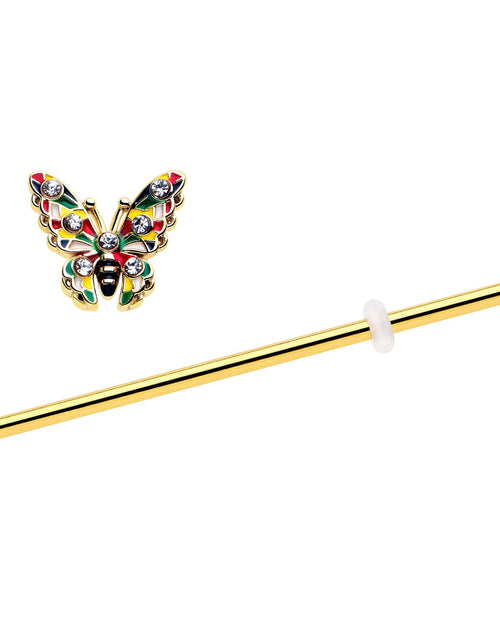 Load image into Gallery viewer, 14G Clear Gem Gold Tone Color Block Butterfly Industrial Barbell 38mm
