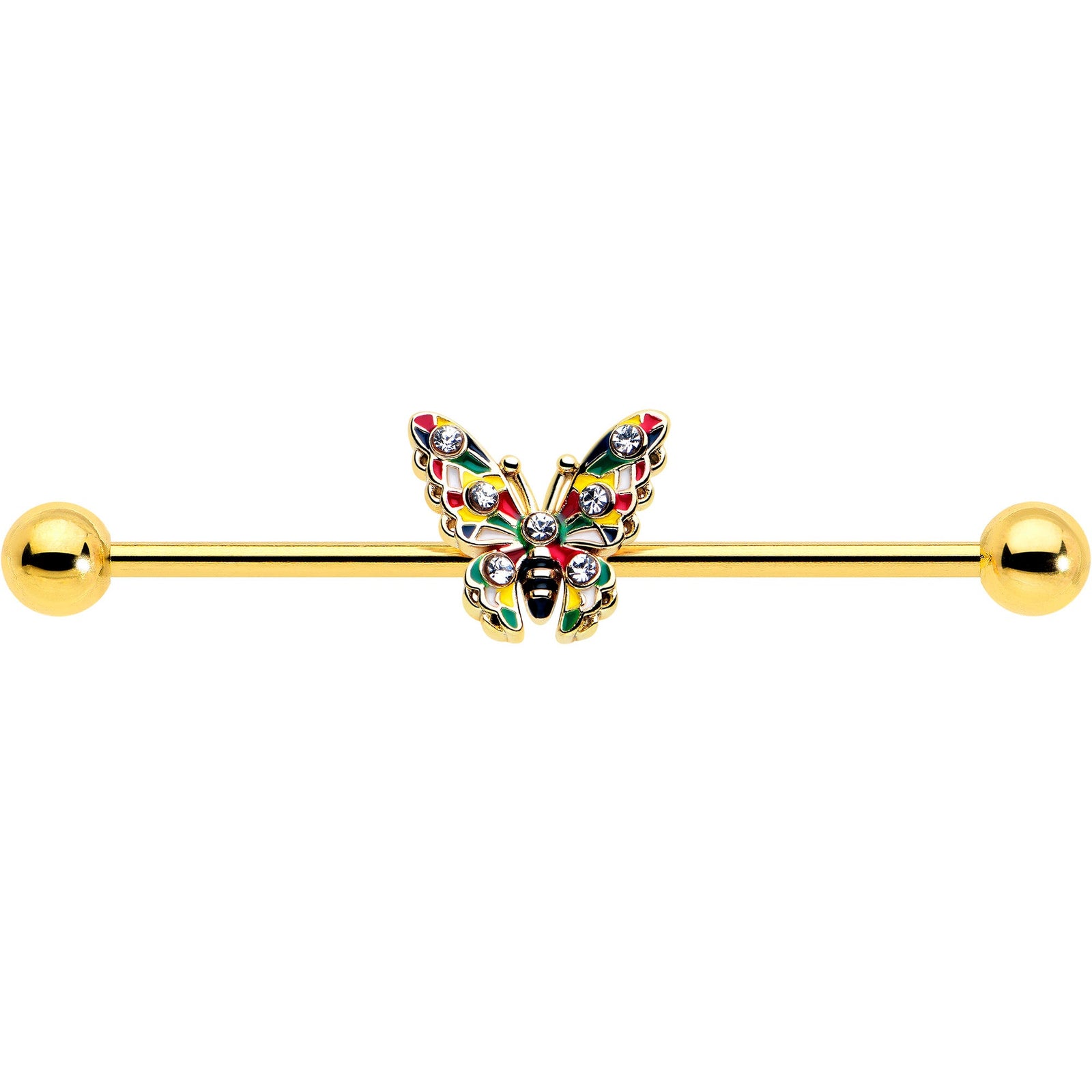 14G Clear Gem Gold Tone Color Block Butterfly Industrial Barbell 38mm
