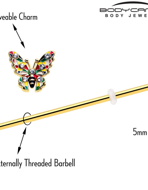 Load image into Gallery viewer, 14G Clear Gem Gold Tone Color Block Butterfly Industrial Barbell 38mm
