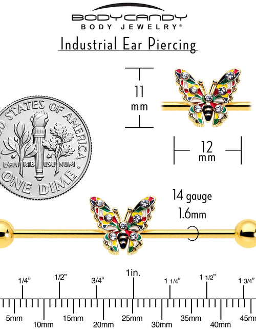 Load image into Gallery viewer, 14G Clear Gem Gold Tone Color Block Butterfly Industrial Barbell 38mm
