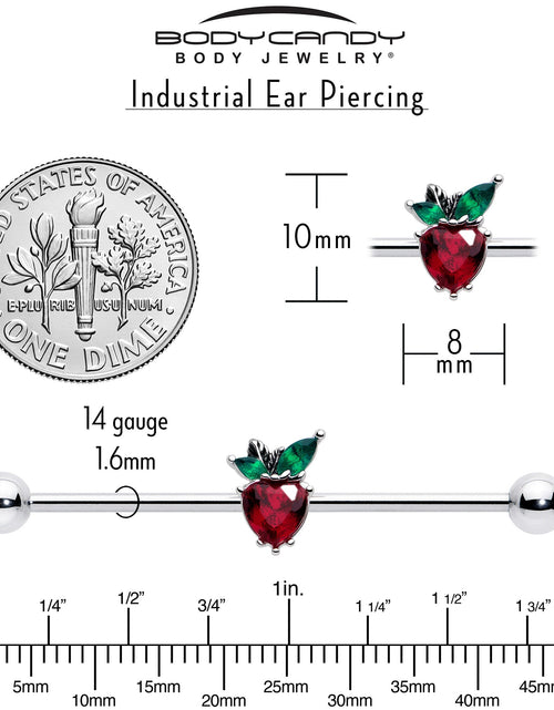 Load image into Gallery viewer, 14G Red Green Gem Strawberry Heart Industrial Barbell 38mm
