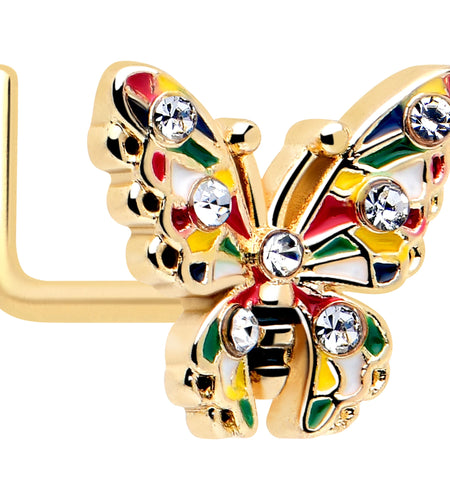 20G 7mm Clear Gem Gold Tone Color Block Butterfly L Shape Nose Ring