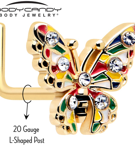 20G 7mm Clear Gem Gold Tone Color Block Butterfly L Shape Nose Ring