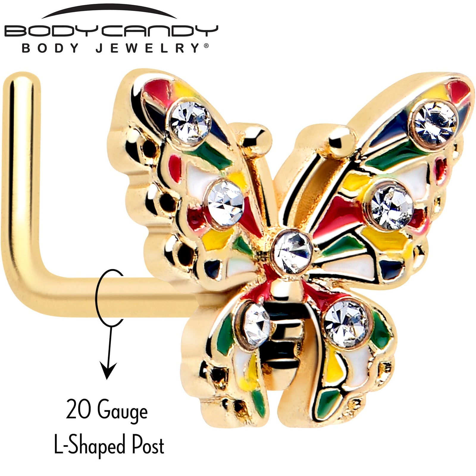 20G 7mm Clear Gem Gold Tone Color Block Butterfly L Shape Nose Ring