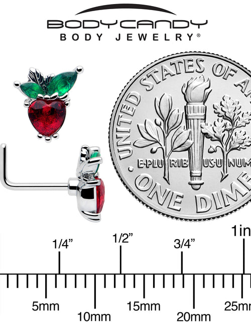Load image into Gallery viewer, 20G 7mm Red Green Gem Strawberry Heart L Shape Nose Ring
