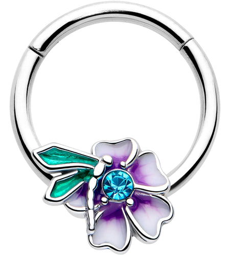 16G 3/8 Blue Gem Faerie Flower Purple Hinged Segment Ring