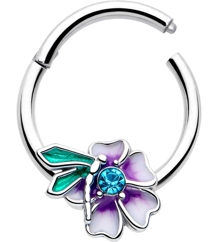16G 3/8 Blue Gem Faerie Flower Purple Hinged Segment Ring