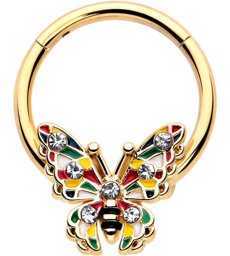 16G 3/8 Clear Gem Gold Tone Color Block Butterfly Hinged Segment Ring
