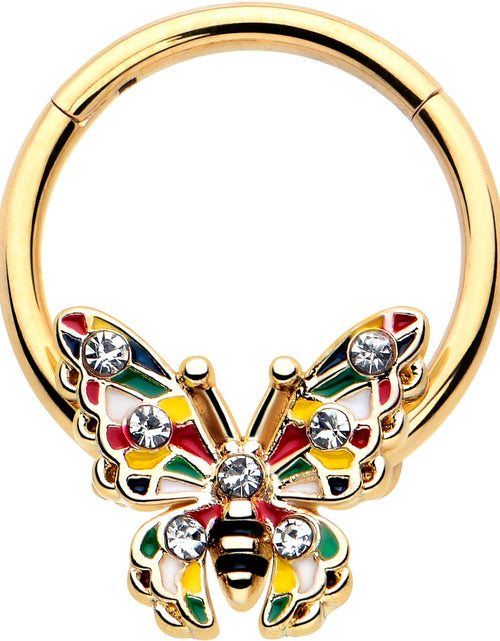 Load image into Gallery viewer, 16G 3/8 Clear Gem Gold Tone Color Block Butterfly Hinged Segment Ring
