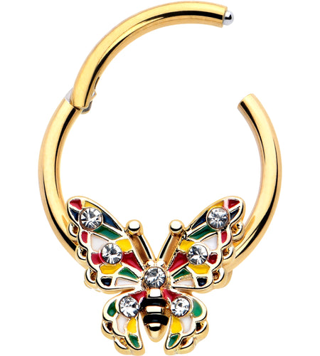 16G 3/8 Clear Gem Gold Tone Color Block Butterfly Hinged Segment Ring