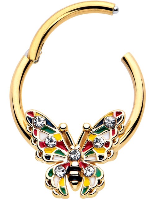 Load image into Gallery viewer, 16G 3/8 Clear Gem Gold Tone Color Block Butterfly Hinged Segment Ring
