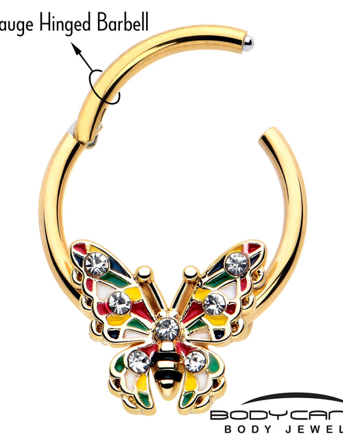 Load image into Gallery viewer, 16G 3/8 Clear Gem Gold Tone Color Block Butterfly Hinged Segment Ring
