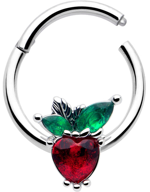 Load image into Gallery viewer, 16G 3/8 Red Green Gem Strawberry Heart Hinged Segment Ring
