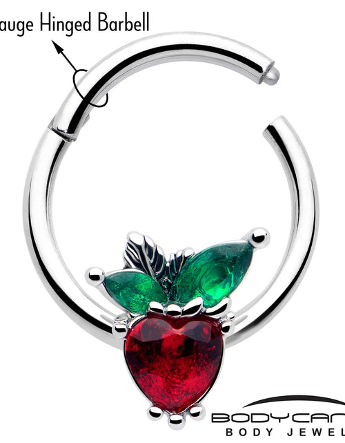 Load image into Gallery viewer, 16G 3/8 Red Green Gem Strawberry Heart Hinged Segment Ring
