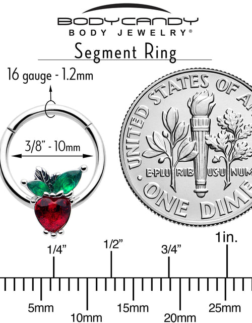 Load image into Gallery viewer, 16G 3/8 Red Green Gem Strawberry Heart Hinged Segment Ring
