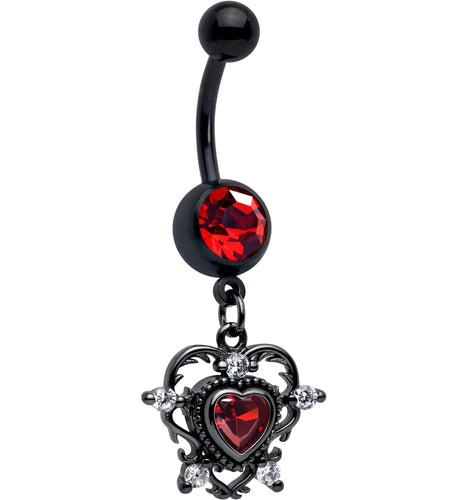 Red CZ Gem Black Double Heart Dangle Belly Ring