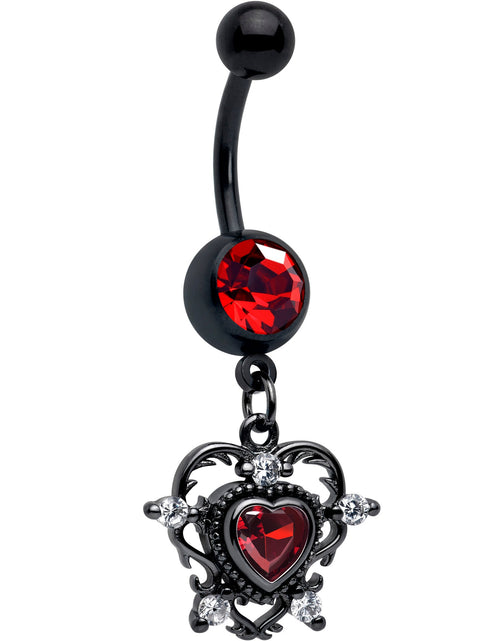 Load image into Gallery viewer, Red CZ Gem Black Double Heart Dangle Belly Ring
