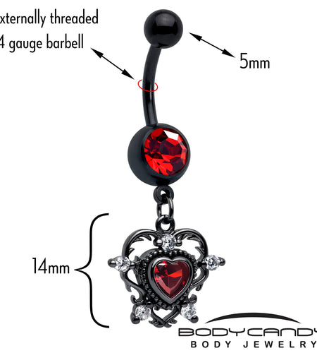 Red CZ Gem Black Double Heart Dangle Belly Ring