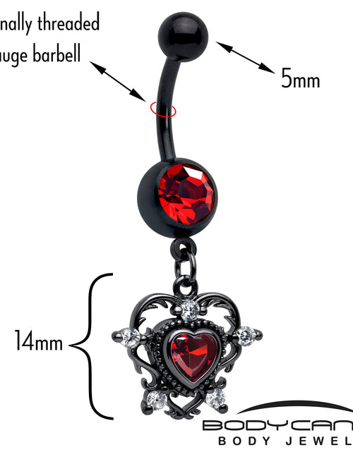 Load image into Gallery viewer, Red CZ Gem Black Double Heart Dangle Belly Ring
