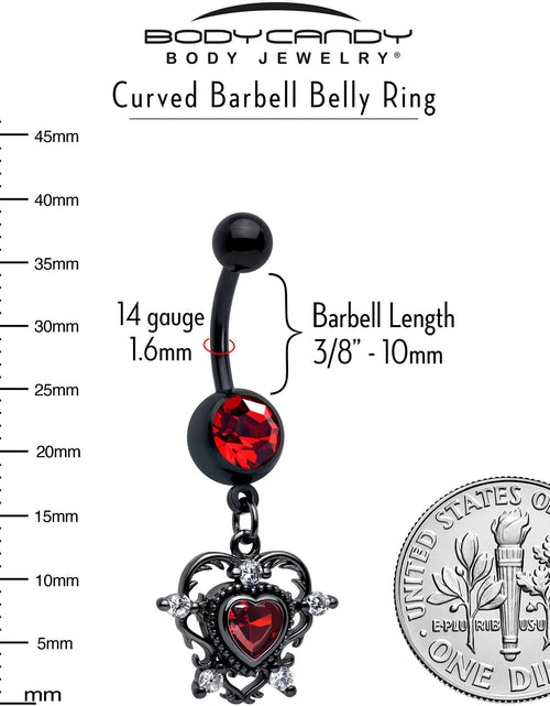 Load image into Gallery viewer, Red CZ Gem Black Double Heart Dangle Belly Ring
