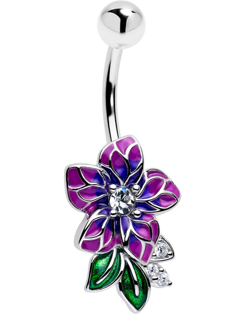 Load image into Gallery viewer, Clear CZ Gem Flower Purple Belly Ring
