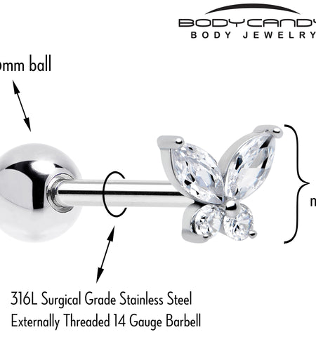 Clear CZ Gem Open Wing Butterfly Barbell Tongue Ring