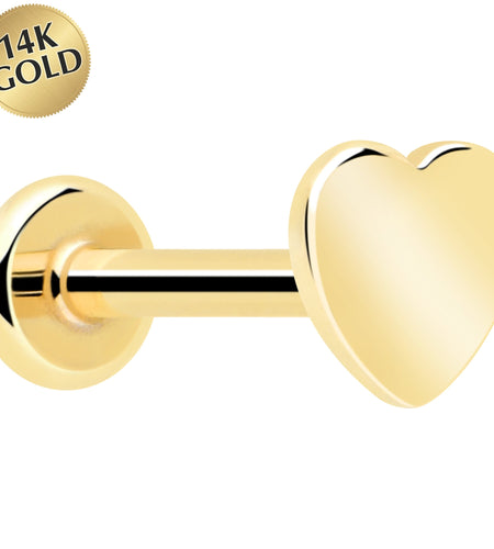 14k Solid Yellow Gold 3mm Heart Threadless Push In Flat Back Stud