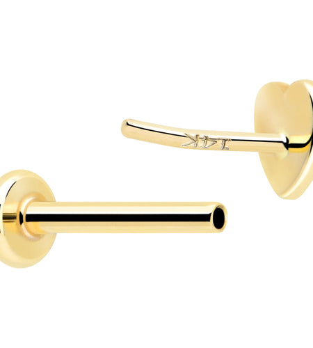 14k Solid Yellow Gold 3mm Heart Threadless Push In Flat Back Stud