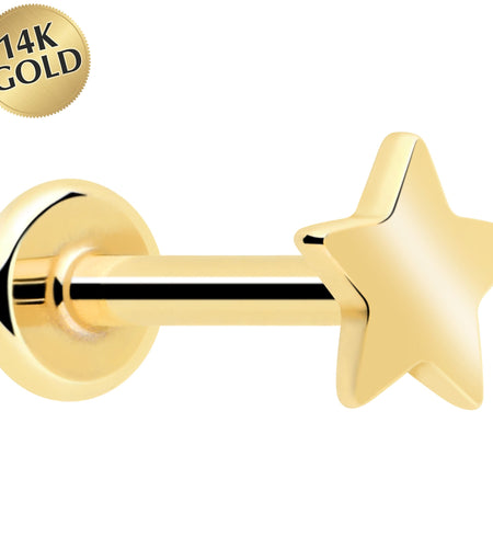 14k Solid Yellow Gold 3mm Star Threadless Push In Flat Back Stud