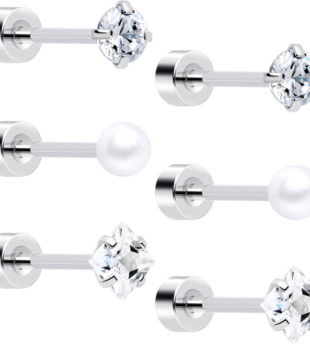 20G Clear Gem White Orb Flatback Earring Set of 6