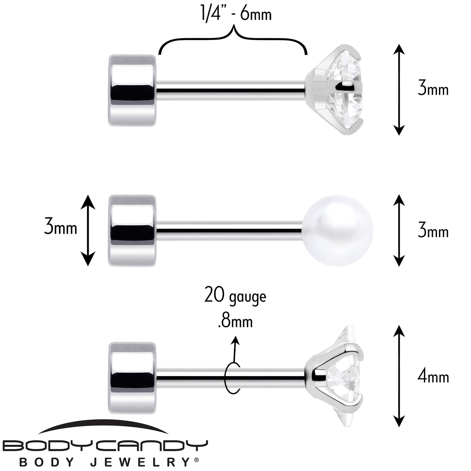 20G Clear Gem White Orb Flatback Earring Set of 6