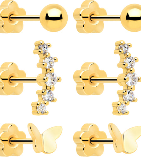 20G CZ Gem Ball Arch Butterfly Reversible Flower Flat Back Earring Set of 6