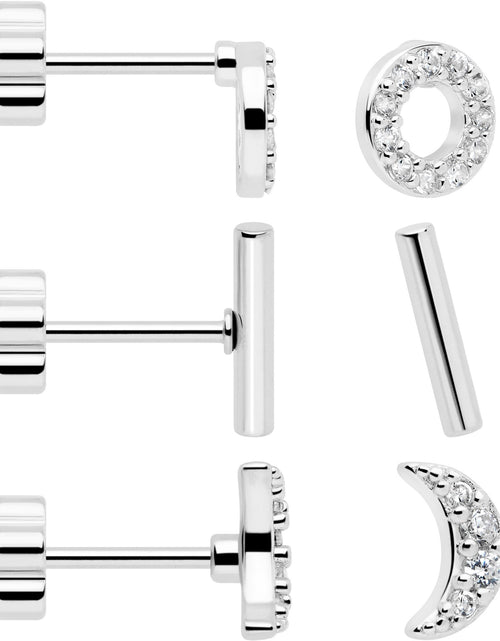 Load image into Gallery viewer, 20G Clear CZ Gem Moon Circle Bar Reversible Flower Flat Back Earring Set of 6
