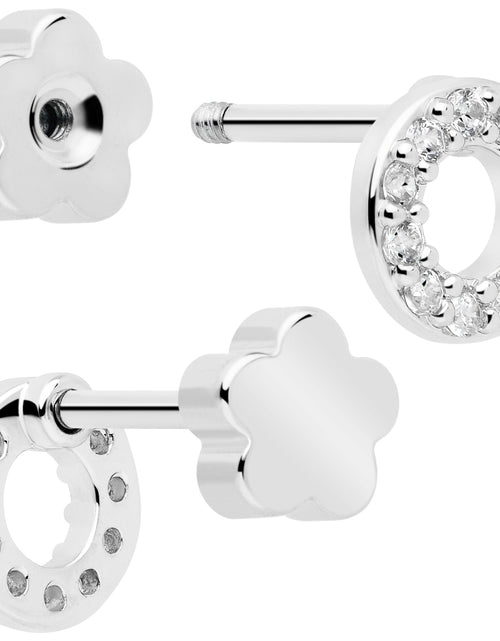 Load image into Gallery viewer, 20G Clear CZ Gem Moon Circle Bar Reversible Flower Flat Back Earring Set of 6
