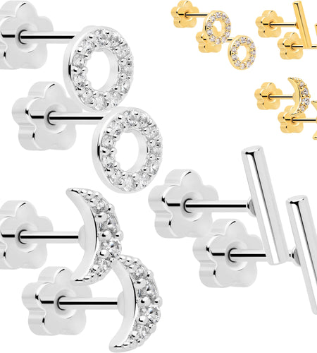 20G Clear CZ Gem Moon Circle Bar Reversible Flower Flat Back Earring Set of 6