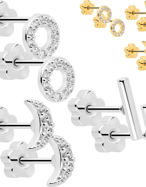 Load image into Gallery viewer, 20G Clear CZ Gem Moon Circle Bar Reversible Flower Flat Back Earring Set of 6
