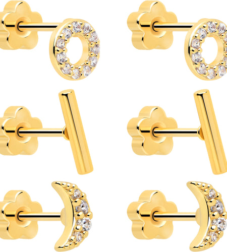 20G Clear CZ Gem Moon Circle Bar Reversible Flower Flat Back Earring Set of 6