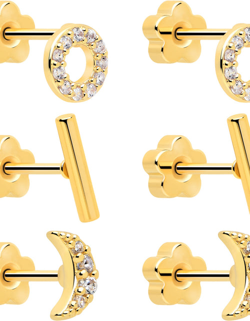 Load image into Gallery viewer, 20G Clear CZ Gem Moon Circle Bar Reversible Flower Flat Back Earring Set of 6

