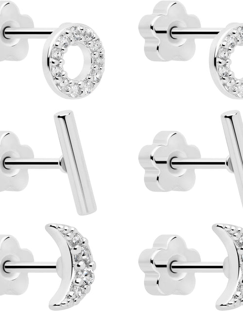 Load image into Gallery viewer, 20G Clear CZ Gem Moon Circle Bar Reversible Flower Flat Back Earring Set of 6
