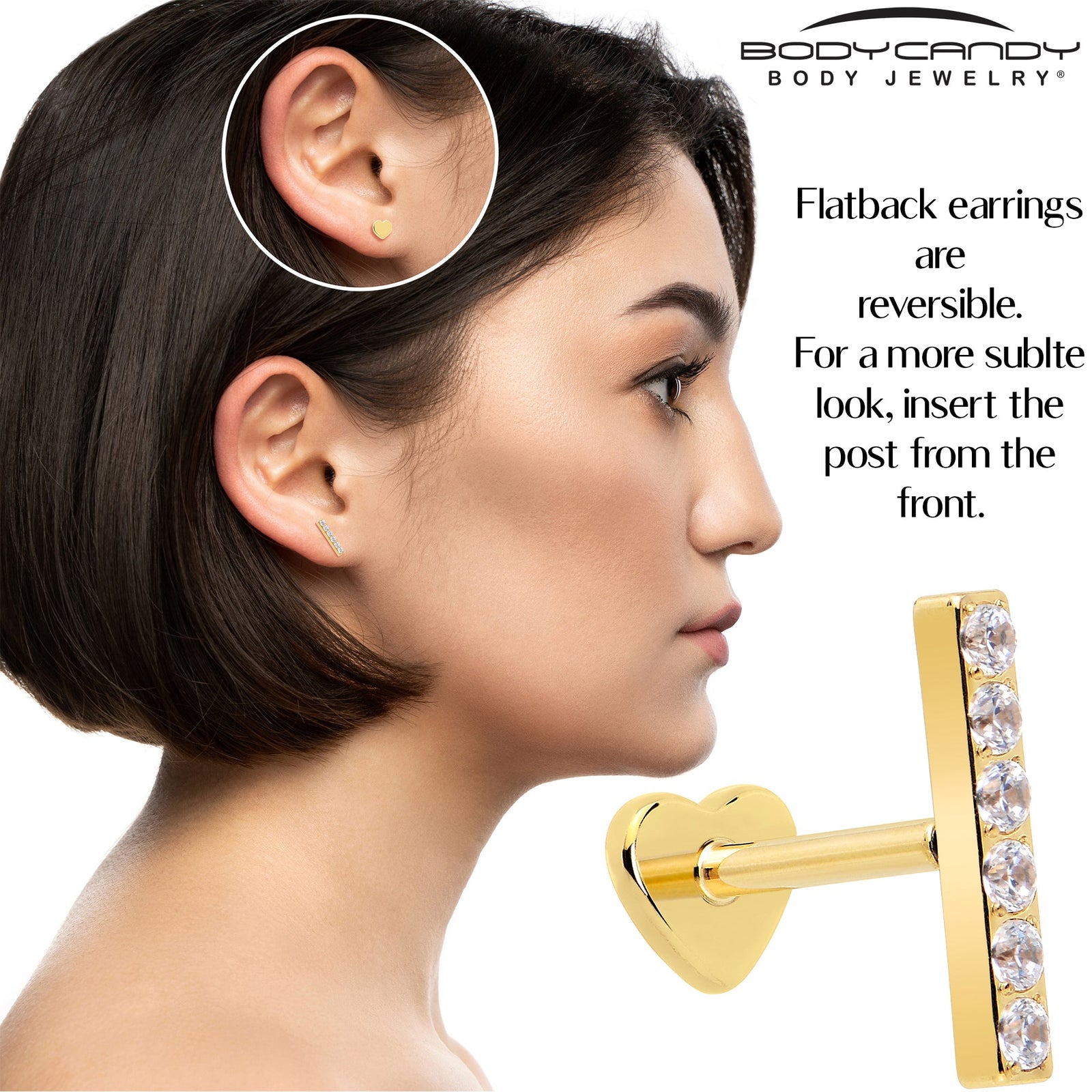 18G 1/4 Clear Gem Gold Plated Implant Grade Titanium Threadless Bar Flatback Stud