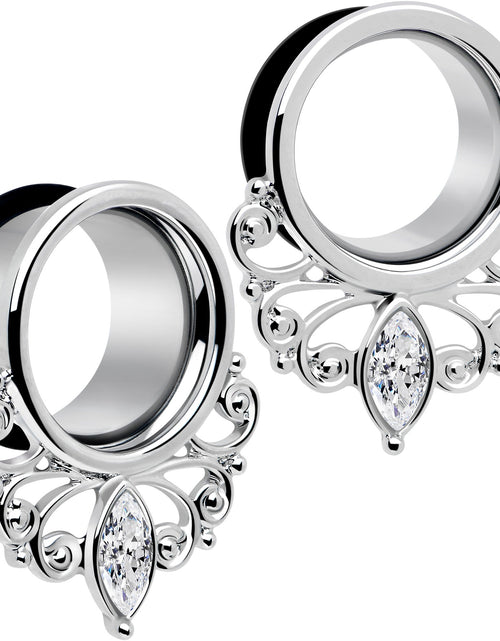 Load image into Gallery viewer, Clear Gem Drop Filigree Single Flare Tunnel Plug Set 6mm to 16mm
