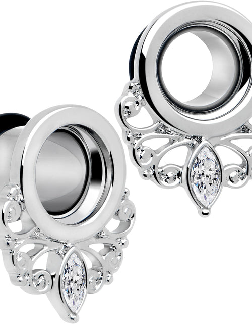 Load image into Gallery viewer, Clear Gem Drop Filigree Single Flare Tunnel Plug Set 6mm to 16mm
